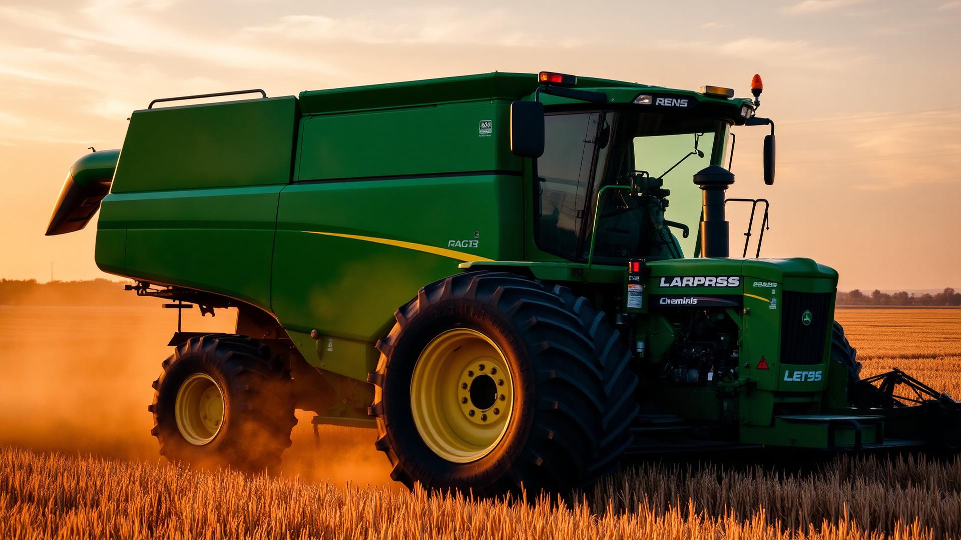 Máquina agrícola em operação no campo ao pôr do sol